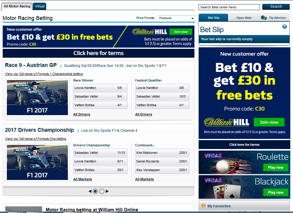 William Hill is the best place to get motor racing betting odds